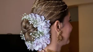 Side-swept Fringe with Bun and Flowers